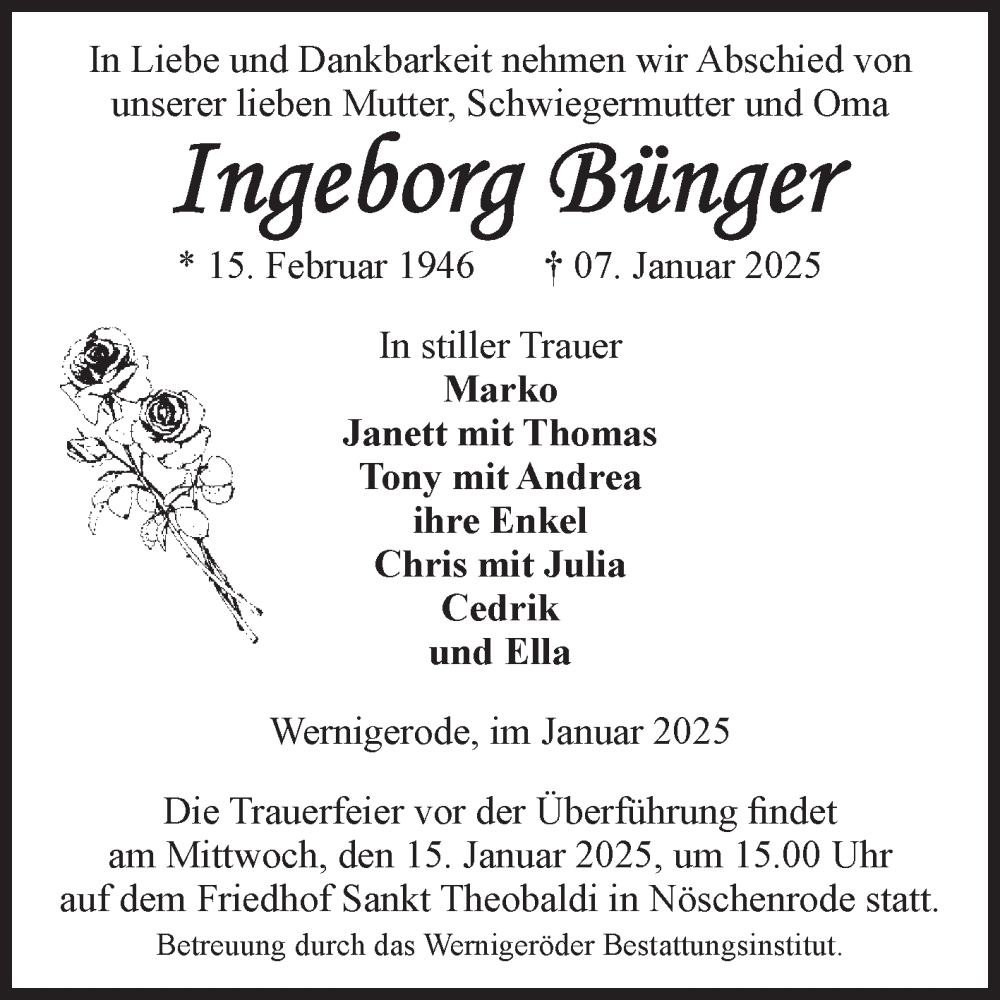  Traueranzeige für Ingeborg Bünger vom 11.01.2025 aus Volksstimme Wernigerode