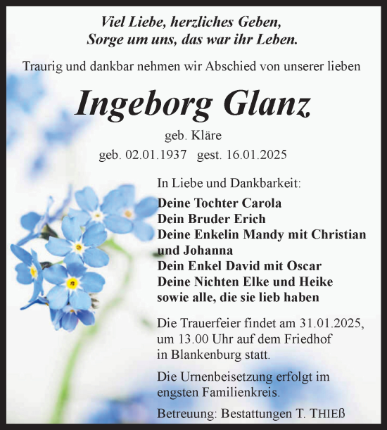 Traueranzeige von Ingeborg Glanz von Volksstimme Wernigerode