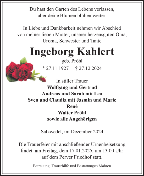 Traueranzeige von Ingeborg Kahlert von Volksstimme Altmark West