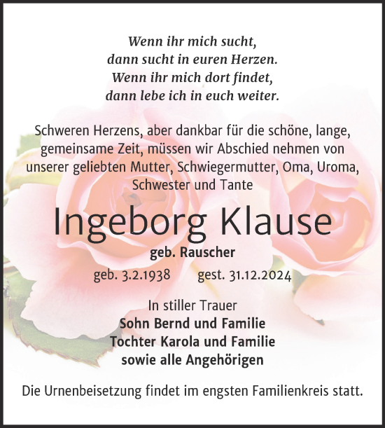 Traueranzeige von Ingeborg Klause von Trauerkombi Köthen