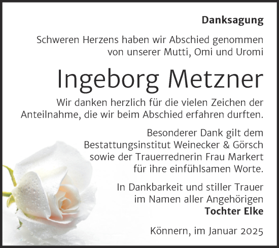Traueranzeige von Ingeborg Metzner von Trauerkombi Bernburg