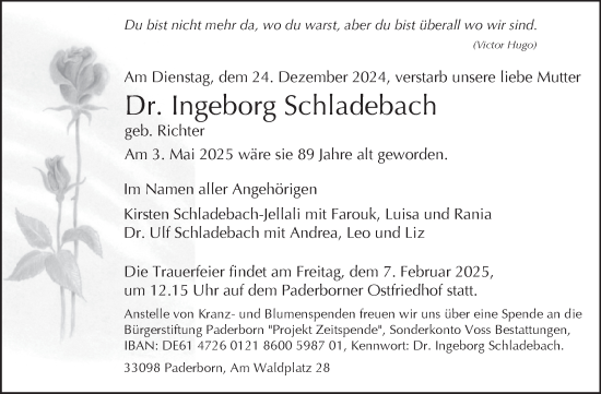 Traueranzeige von Ingeborg Schladebach von Volksstimme Magdeburg