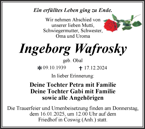 Traueranzeige von Ingeborg Wafrosky von Trauerkombi Wittenberg
