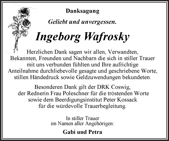 Traueranzeige von Ingeborg Wafrosky von Trauerkombi Wittenberg