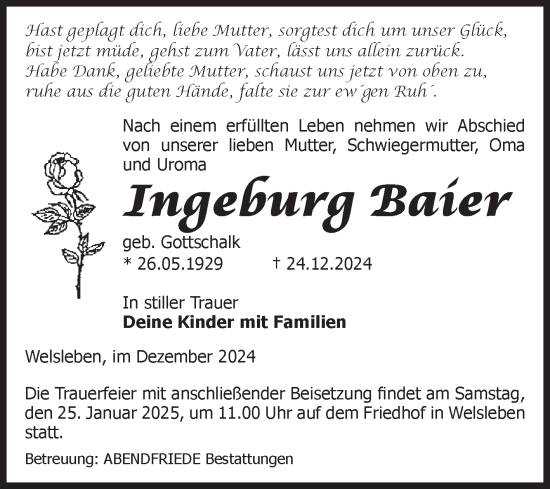Traueranzeige von Ingebrurg Baier von Volksstimme Schönebeck