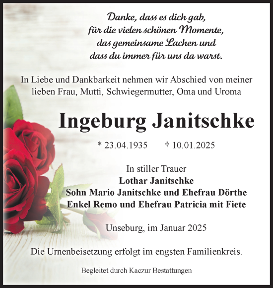 Traueranzeige von Ingeburg Janitschke von Volksstimme Staßfurt