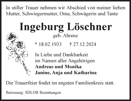 Traueranzeige von Ingeburg Löschner von Volksstimme Magdeburg