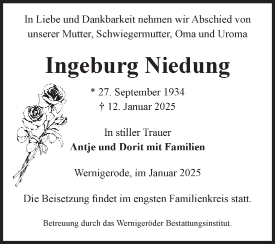 Traueranzeige von Ingeburg Niedung von Volksstimme Wernigerode