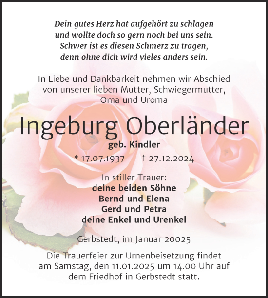 Traueranzeige von Ingeburg Oberländer von Trauerkombi Mansfelder Land