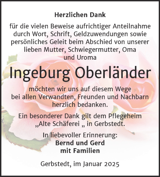 Traueranzeige von Ingeburg Oberländer von Trauerkombi Mansfelder Land