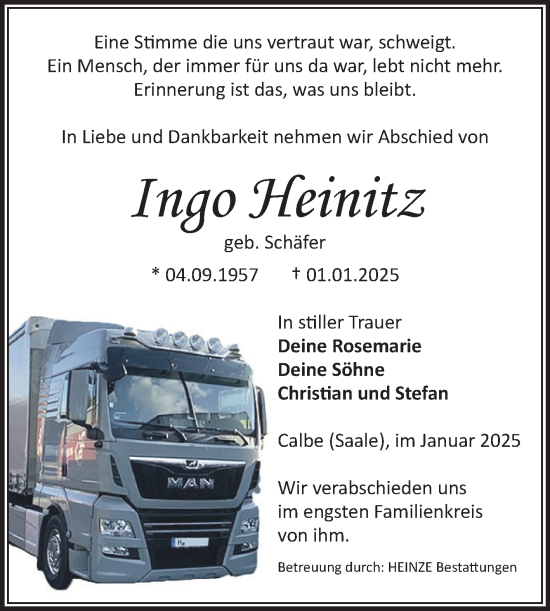 Traueranzeige von Ingo Heinitz von Volksstimme Schönebeck