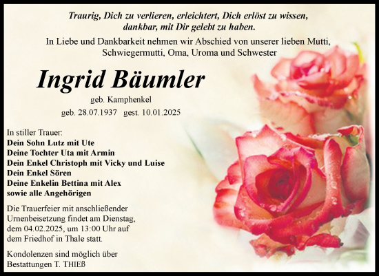 Traueranzeige von Ingrid Bäumler von Trauerkombi Quedlinburg