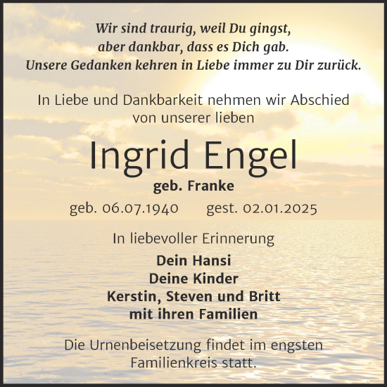 Traueranzeige von Ingrid Engel von Trauerkombi Quedlinburg