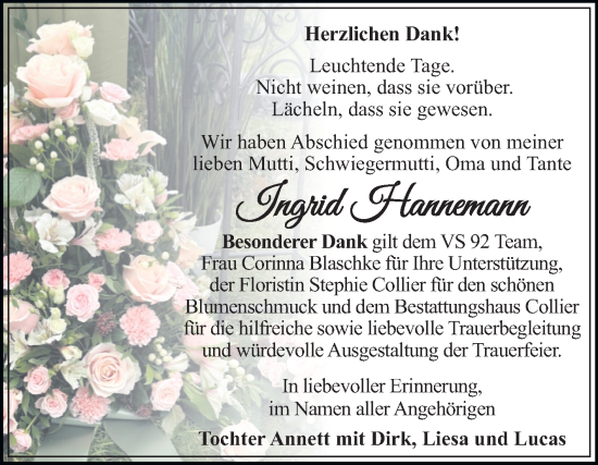Traueranzeige von Ingrid Hannemann von Trauerkombi Dessau