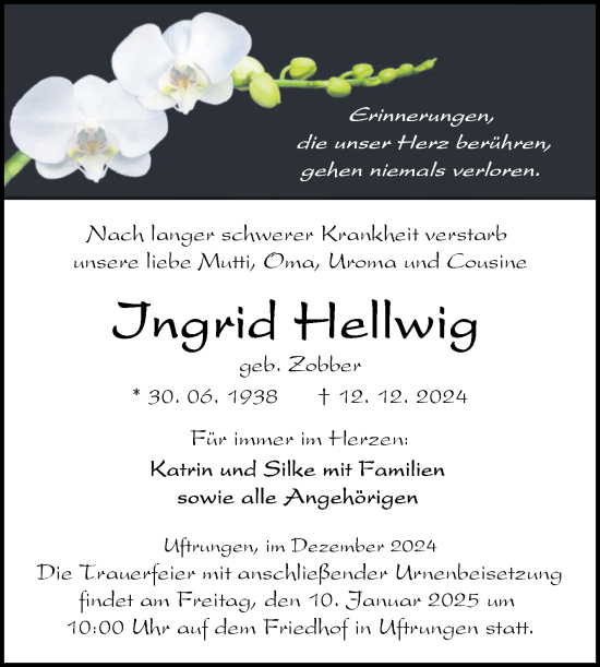 Traueranzeige von Ingrid Hellwig von Trauerkombi Sangerhausen