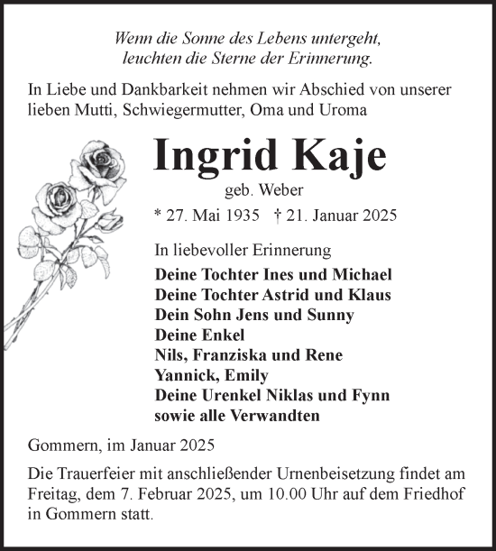 Traueranzeige von Ingrid Kaje von Volksstimme Burg/Genthin