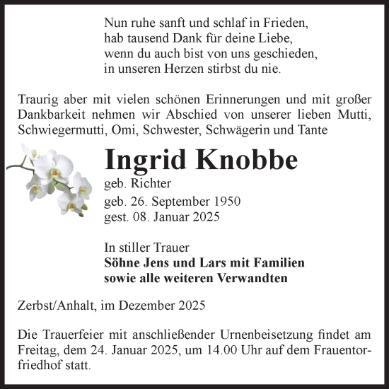 Traueranzeige von Ingrid Knobbe von Volksstimme Zerbst