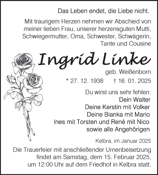 Traueranzeige von Ingrid Linke von Trauerkombi Sangerhausen