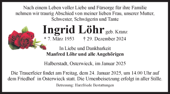 Traueranzeige von Ingrid Löhr von Volksstimme Halberstadt