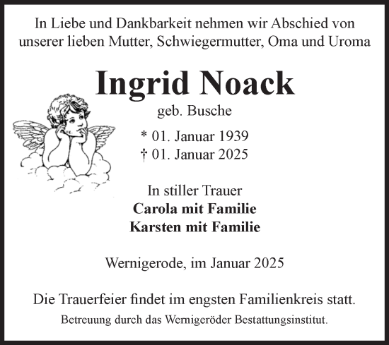 Traueranzeige von Ingrid Noack von Volksstimme Wernigerode