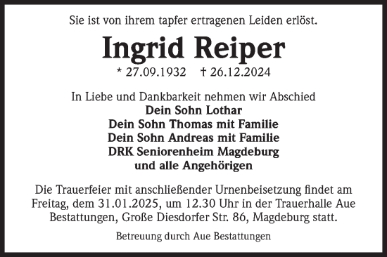 Traueranzeige von Ingrid Reiper von Volksstimme Magdeburg