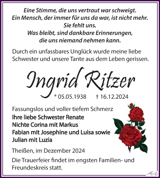 Traueranzeige von Ingrid Ritzer von Trauerkombi Zeitz