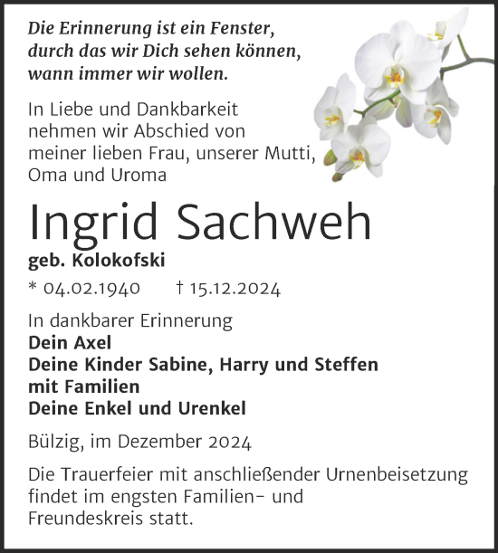 Traueranzeige von Ingrid Sachweh von Trauerkombi Wittenberg