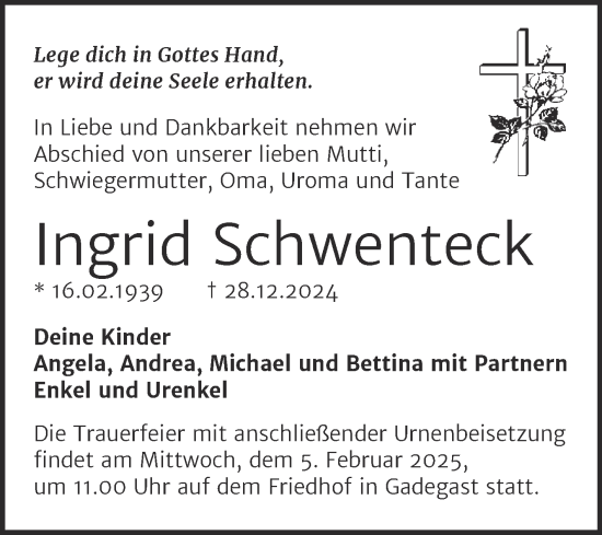 Traueranzeige von Ingrid Schwenteck von Trauerkombi Wittenberg
