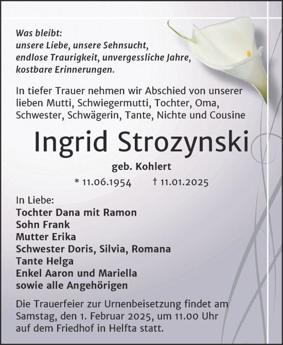 Traueranzeige von Ingrid Strozynski von Trauerkombi Mansfelder Land