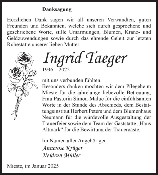 Traueranzeige von Ingrid Taeger von Volksstimme Altmark West