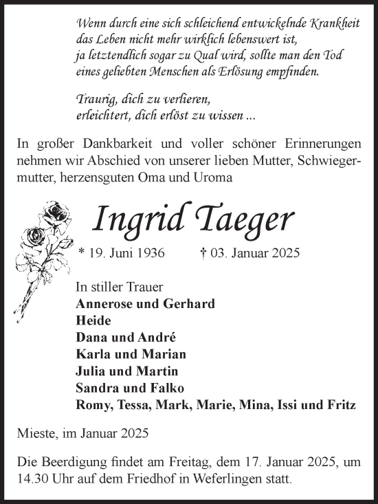 Traueranzeige von Ingrid Taeger von Volksstimme Altmark West