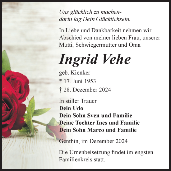 Traueranzeige von Ingrid Vehe von Volksstimme Burg/Genthin