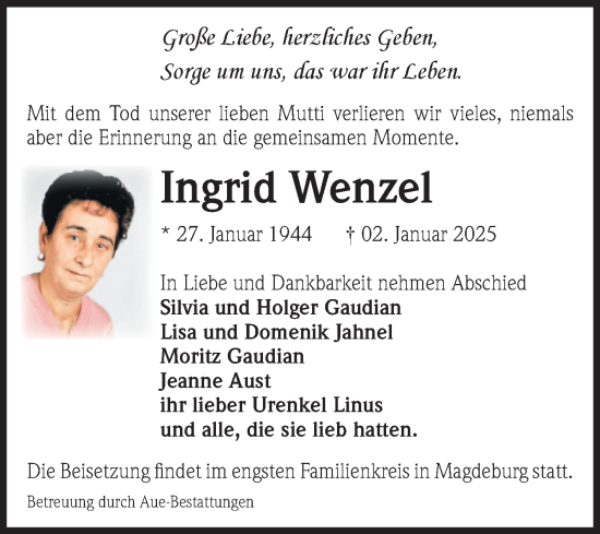 Traueranzeige von Ingrid Wenzel von Volksstimme Halberstadt