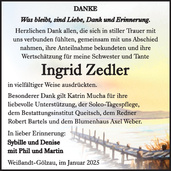 Traueranzeige von Ingrid Zedler von Trauerkombi Köthen