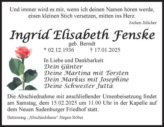 Traueranzeige von Ingrid Elisabeth Fenske von Volksstimme Magdeburg