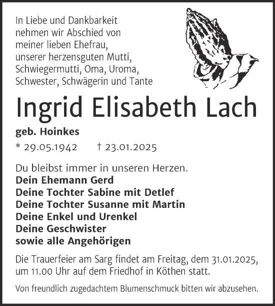 Traueranzeige von Ingrid Elisabeth Lach von Trauerkombi Köthen