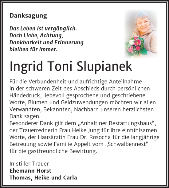 Traueranzeige von Ingrid Toni Slupianek von Trauerkombi Dessau