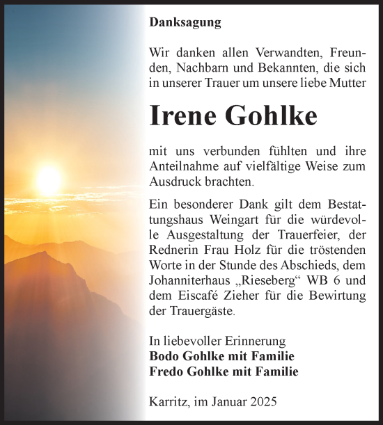 Traueranzeige von Irene Gohlke von Volksstimme Altmark Ost