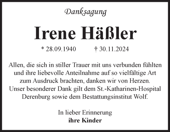 Traueranzeige von Irene Häßler von Volksstimme Wernigerode