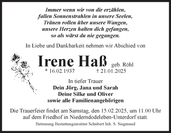 Traueranzeige von Irene Haß von Volksstimme Haldensleben/Wolmirstedt