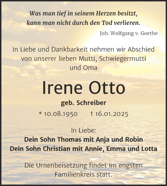 Traueranzeige von Irene Otto von Trauerkombi Dessau