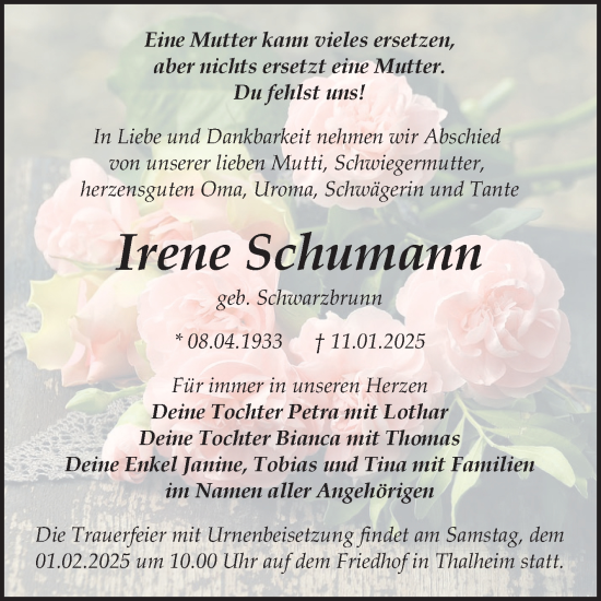 Traueranzeige von Irene Schumann von Trauerkombi Bitterfeld