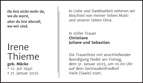 Traueranzeige von Irene Thieme von Mitteldeutsche Zeitung Halle/Saalkreis