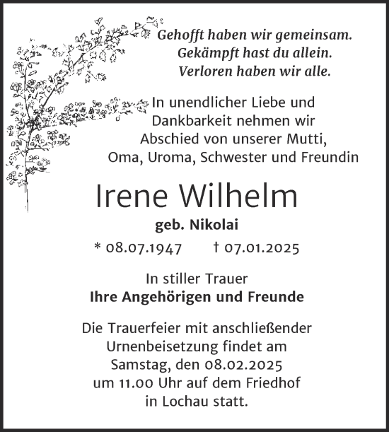 Traueranzeige von Irene Wilhelm von Trauerkombi Merseburg