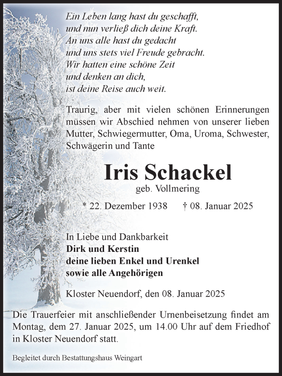 Traueranzeige von Iris Schackel von Volksstimme Altmark West