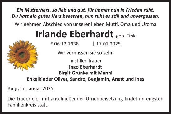 Traueranzeige von Irlande Eberhardt von Volksstimme Burg/Genthin