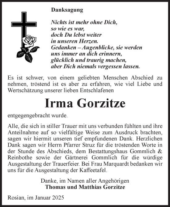 Traueranzeige von Irma Gorzitze von Volksstimme Zerbst