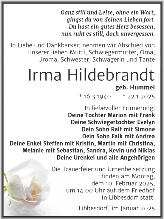 Traueranzeige von Irma Hildebrandt von Trauerkombi Köthen
