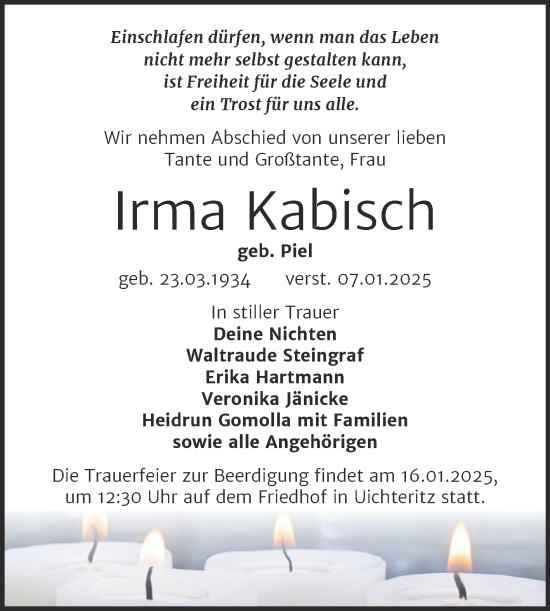 Traueranzeige von Irma Kabisch von Mitteldeutsche Zeitung Weißenfels