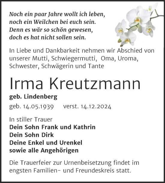 Traueranzeige von Irma Kreutzmann von Trauerkombi Weißenfels